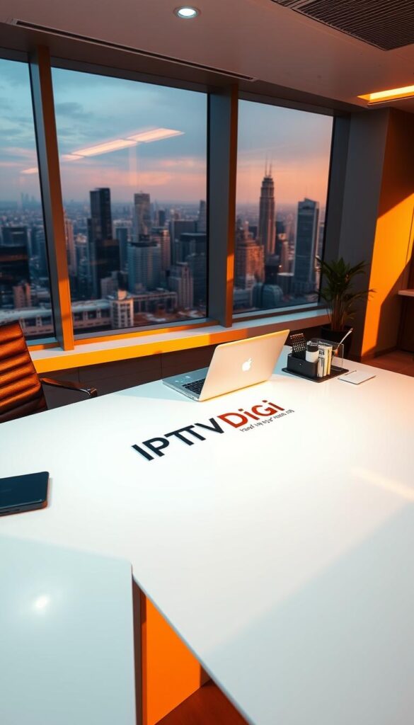 A sleek, modern office setting with a large desk featuring the IPTVDIGI logo prominently displayed. On the desk, a laptop and various office supplies create a professional, organized atmosphere. The room is bathed in warm, directional lighting, casting subtle shadows and highlights that accentuate the textures of the materials. In the background, a large window overlooking a bustling city skyline provides a sense of context and scale. The overall impression is one of a thriving, well-established IPTV reseller business.