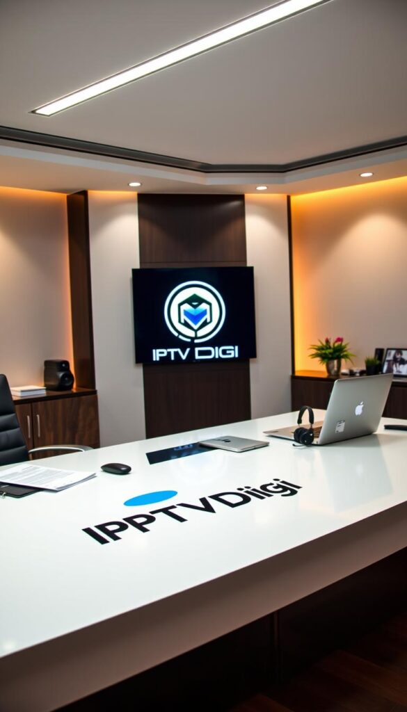 A sleek, modern office setting with a large desk featuring the IPTVDIGI logo prominently displayed. On the desk, various documents, a laptop, and a professional-looking headset, conveying the tools and resources needed to operate an IPTV reseller business. The room is well-lit, with warm, focused lighting highlighting the key elements. The background features a clean, minimalist design, emphasizing the professionalism and attention to detail required for a successful IPTV reseller operation. The overall atmosphere is one of organization, technology, and a commitment to providing high-quality IPTV services.