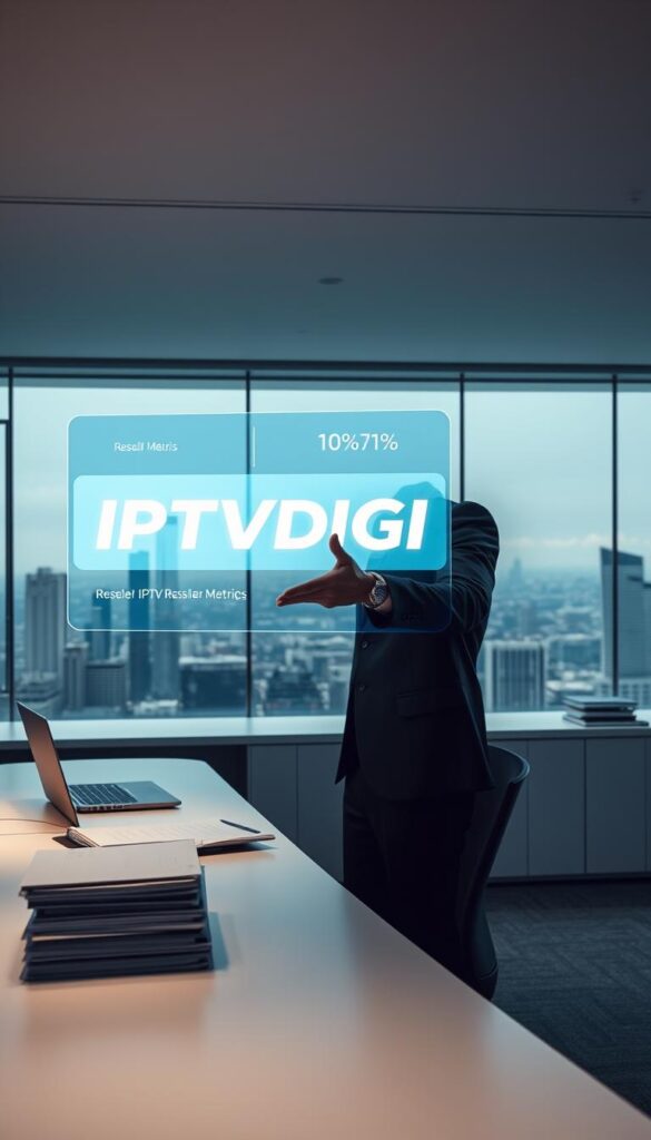 A sleek, modern office setting with a large desk, laptop, and stacks of documents. In the foreground, a person in a suit confidently gestures toward a holographic display showcasing the "IPTVDIGI" brand logo and reseller metrics. Soft, directional lighting illuminates the scene, creating a professional, high-tech atmosphere. The background features a panoramic city skyline, hinting at the global reach and potential of the IPTV reseller business opportunity.