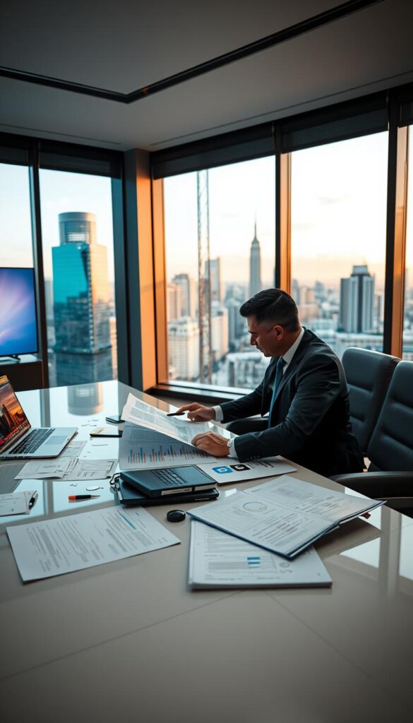 A sleek, modern office setting with a large desk, laptop, and various business documents showcasing the IPTVDIGI brand. In the foreground, a person in a suit examining financial reports, conveying the lucrative potential of IPTV reselling. The background features a city skyline visible through floor-to-ceiling windows, suggesting the scale and opportunities of the IPTV market. Soft, warm lighting creates a professional and prosperous atmosphere, highlighting the growth and profitability of the IPTV reseller business.