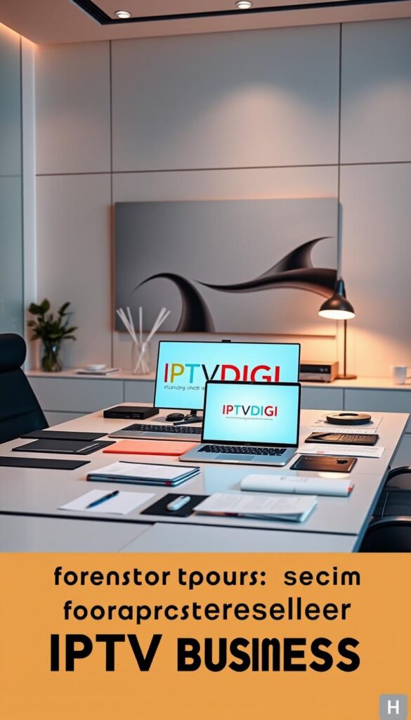 A sleek, modern office setting with a large desk, laptop, and various business documents and accessories. On the desk, a prominent display showcases the IPTVDIGI brand name, conveying a professional and established IPTV reseller business. The lighting is soft and warm, creating a welcoming atmosphere. The background features elegant minimalist decor, hinting at the comprehensive guide and resources available for starting an IPTV reseller business. The overall scene exudes a sense of expertise, organization, and the potential for success in the IPTV reseller industry.