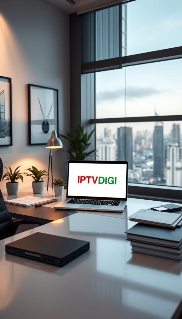 A sleek, modern office setting with a large desk showcasing a laptop displaying the "IPTVDIGI" brand logo. Atop the desk are various business documents, a stylish desk lamp, and a potted plant adding a touch of greenery. The walls are adorned with minimalist artwork, and the lighting is a warm, ambient glow, creating a professional and inviting atmosphere. In the background, a window offers a view of a bustling city skyline, hinting at the global reach and success of the IPTVDIGI reseller program.