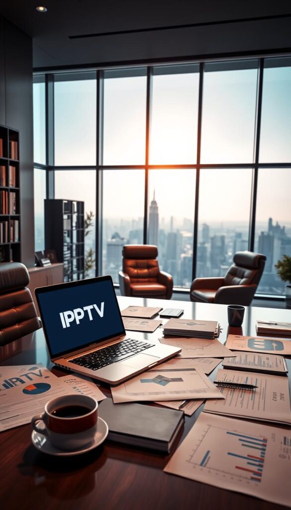 A sleek, modern office setting with a large desk showcasing a laptop displaying the IPTVDIGI logo. In the foreground, various business documents, graphs, and a cup of coffee convey a sense of professional productivity. The middle ground features a comfortable leather chair and a bookshelf filled with industry-relevant resources. The background depicts a panoramic city skyline through floor-to-ceiling windows, bathed in warm, natural lighting that creates a sophisticated and inviting atmosphere. The overall scene suggests the lucrative potential of IPTV reselling as a thriving business opportunity.