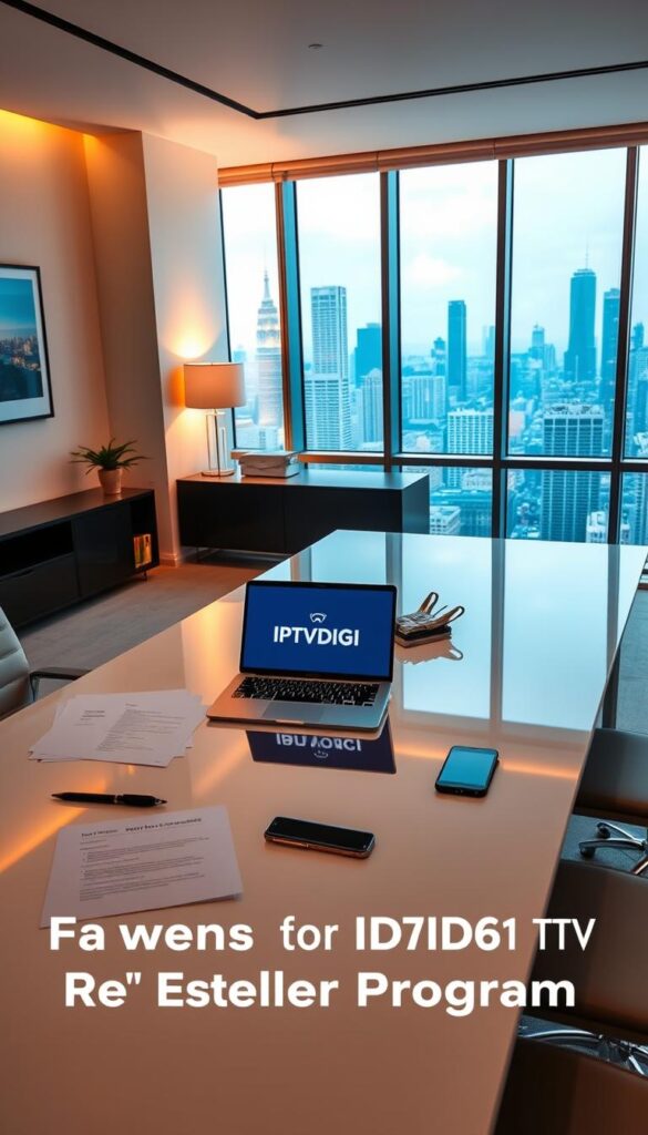 A sleek, modern office setting with a large desk showcasing a laptop displaying the IPTVDIGI logo. On the desk, various documents, a pen, and a smartphone highlight the IPTV reseller opportunities. The room is well-lit with a warm, professional ambiance, emphasizing the potential for a successful IPTV reseller business. The walls feature minimalist decor, and a large window in the background offers a view of a bustling city skyline, conveying a sense of growth and opportunity. The overall scene promotes the features and benefits of the IPTVDIGI Reseller Program.