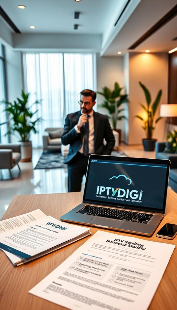 A sleek, modern office setting with a large desk showcasing a laptop displaying the IPTVDIGI logo. In the foreground, neatly arranged documents and a tablet detail the IPTV reselling business model, including revenue streams, customer acquisition strategies, and technical infrastructure. The middle ground features a professional-looking executive in a suit, deep in thought as they review the materials. The background is filled with stylish furniture, lush indoor plants, and warm, directional lighting, creating a sophisticated and productive atmosphere.