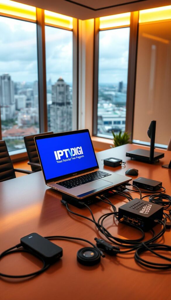 A sleek, modern office setting with a large desk showcasing a laptop displaying the IPTVDIGI logo. On the desk, various networking devices and cables are neatly arranged, conveying a professional, tech-savvy atmosphere. The room is bathed in warm, soft lighting, creating a cozy and inviting ambiance. In the background, a large window offers a scenic cityscape, hinting at the global reach of the IPTV reselling business. The overall scene exudes a sense of efficiency, organization, and the potential for growth in the IPTV reseller program.