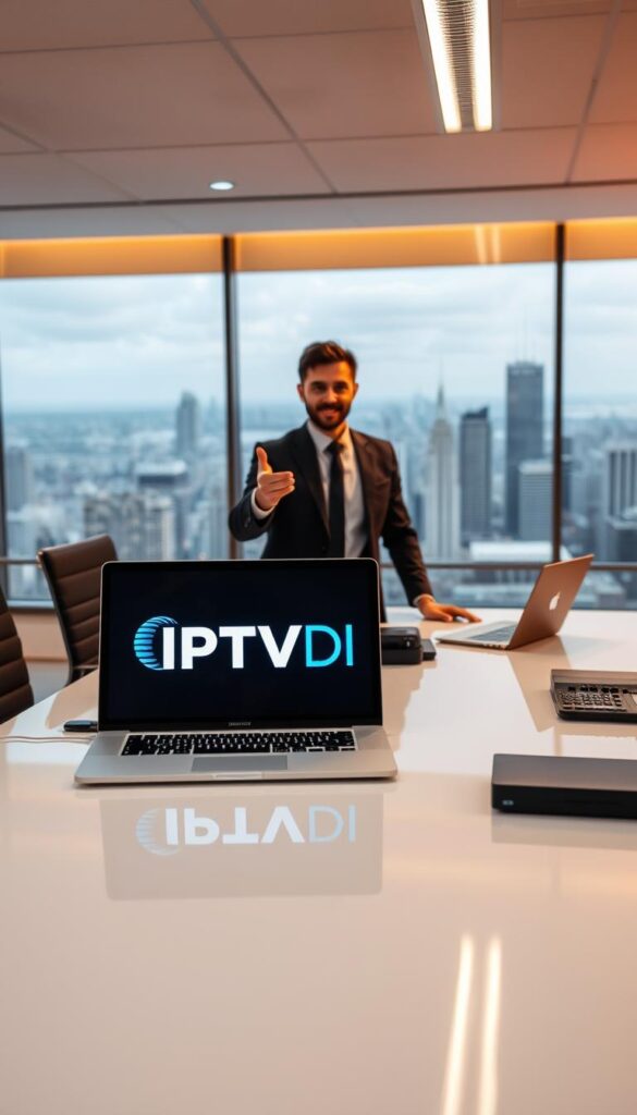 A sleek, modern office setting with a large desk showcasing a laptop, tablet, and other IPTV reseller tools. In the foreground, the IPTVDIGI logo prominently displayed on a high-resolution monitor, highlighting the brand's identity. The middle ground features a well-dressed professional, likely an IPTV reseller, gesturing towards the technology on the desk, conveying the benefits of the IPTVDIGI reseller program. The background depicts a panoramic city skyline, conveying a sense of urban sophistication and success. The lighting is warm and inviting, creating a professional yet approachable atmosphere. The overall scene emphasizes the advantages of becoming an IPTVDIGI reseller in 2023, such as access to a robust platform, reliable service, and a thriving customer base.