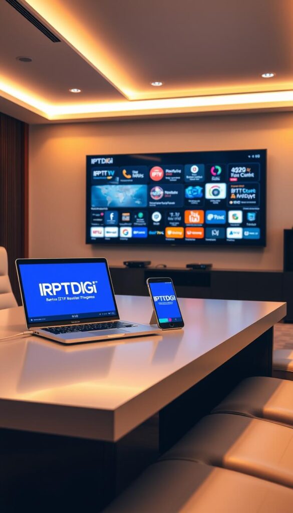 A sleek, modern office setting with a large desk showcasing a laptop, tablet, and smartphone displaying the IPTVDIGI brand logo. The room is bathed in warm, soft lighting, creating a professional and inviting atmosphere. In the background, a wall-mounted display shows various IPTV reseller program features and analytics, conveying the technical aspects of the business. The overall scene suggests a successful, technology-driven IPTV reselling operation, highlighting the profitability and potential of this industry.