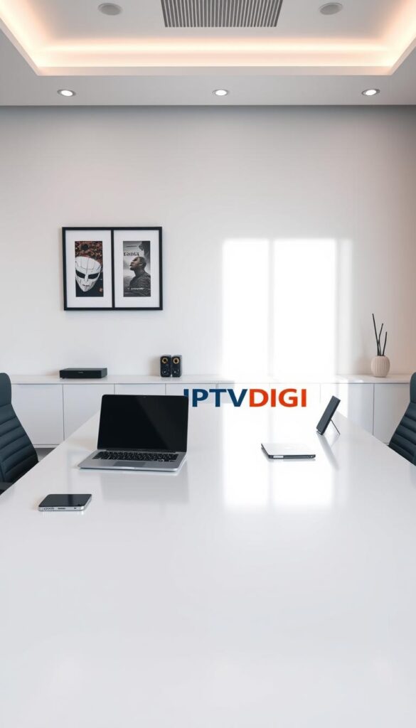 A sleek, modern office setting with a large desk showcasing a laptop, tablet, and smartphone. On the desk, a prominent IPTVDIGI logo is prominently displayed, signifying a trusted IPTV reseller service. The room is well-lit, with soft, directional lighting highlighting the desk and its contents. The walls are adorned with minimalist decor, conveying a professional and streamlined atmosphere. The overall scene exudes a sense of reliability, efficiency, and expertise in the IPTV reseller industry.