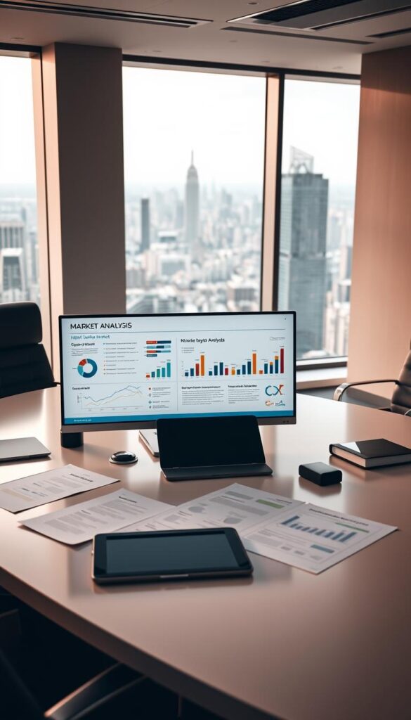 A sleek, modern office setting with a large desk showcasing a laptop, tablet, and various business documents. On the desk, a prominent "IPTVDIGI" branded monitor displays a detailed market analysis presentation, complete with charts, graphs, and data visualizations. The lighting is warm and focused, creating a professional atmosphere. In the background, a panoramic window offers a view of a bustling city skyline, conveying a sense of scale and the broader IPTV reseller industry. The scene exudes an air of expertise, strategic planning, and the potential for success in the IPTV reseller market.