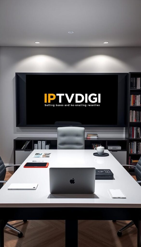 A sleek, modern office setting with a large desk showcasing a laptop, tablet, and various office supplies. The desk is situated in front of a wall-mounted monitor displaying the "IPTVDIGI" brand logo. Soft, directional lighting illuminates the scene, creating a professional and organized atmosphere. In the background, a bookshelf filled with relevant IPTV and business resources. The overall impression conveys the essential requirements for launching a successful IPTV reseller business.