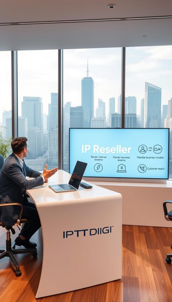 A sleek, modern office setting with a large desk showcasing the IPTVDIGI brand prominently displayed. In the foreground, a person sitting at the desk is gesturing enthusiastically, highlighting the benefits of becoming an IPTV reseller. The middle ground features various icons and infographics illustrating the key advantages, such as increased revenue streams, flexible business models, and expanded customer reach. The background showcases a cityscape through large windows, conveying a sense of success and opportunity. The lighting is bright and professional, creating a polished, inspiring atmosphere.