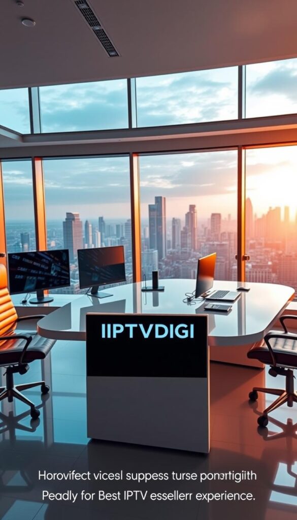 A sleek, modern office setting with a large desk showcasing the IPTVDIGI logo prominently displayed. The desk is surrounded by state-of-the-art technology, including multiple monitors, a high-end laptop, and a professional-grade webcam. The lighting is warm and inviting, creating a sophisticated and efficient atmosphere. In the background, a panoramic window overlooks a bustling city skyline, conveying a sense of success and industry leadership. The overall scene exudes professionalism, attention to detail, and a commitment to providing the best IPTV reseller experience.