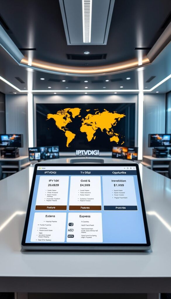 A sleek, modern office setting with a large desk showcasing various IPTV resale panels and dashboards. The desk is adorned with the IPTVDIGI brand logo, exuding a professional and tech-savvy atmosphere. In the foreground, a laptop displays the 4K, Gold, and Express IPTV reseller programs, each with their unique features and pricing. The middle ground features a stylized world map, highlighting the global reach of the IPTV services. The background is filled with sophisticated lighting, creating a sense of depth and emphasizing the technological prowess of the IPTV resale opportunities.