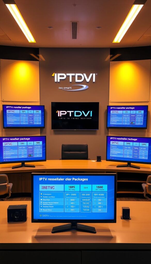 A sleek, modern office setting with a large desk showcasing various IPTV reseller packages from IPTVDIGI. The packages are displayed on high-resolution monitors, each detailing the channel lineups, pricing tiers, and premium add-ons. The lighting is warm and directional, creating a professional atmosphere. In the background, a minimalist wall display features the IPTVDIGI logo and branding. The composition emphasizes the breadth of IPTVDIGI's reseller offerings, inviting the viewer to explore the value and flexibility of their solutions.