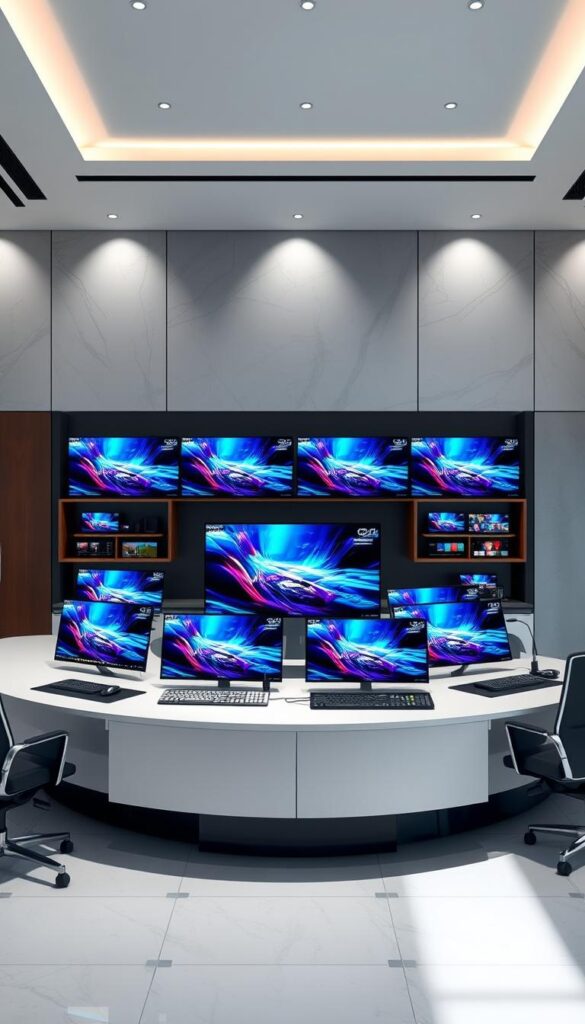 A sleek, modern office setting with a large desk showcasing various IPTV reseller panels, including the IPTVDIGI panel. The desk is well-lit, with a combination of natural and artificial lighting highlighting the intricate details of the panels. The background features a clean, minimalist design, with subtle textures and patterns that create a professional and sophisticated atmosphere. The panels are displayed in a visually appealing manner, allowing the viewer to easily compare and contrast the different features and capabilities. The overall scene conveys a sense of authority and expertise in the IPTV reseller industry.