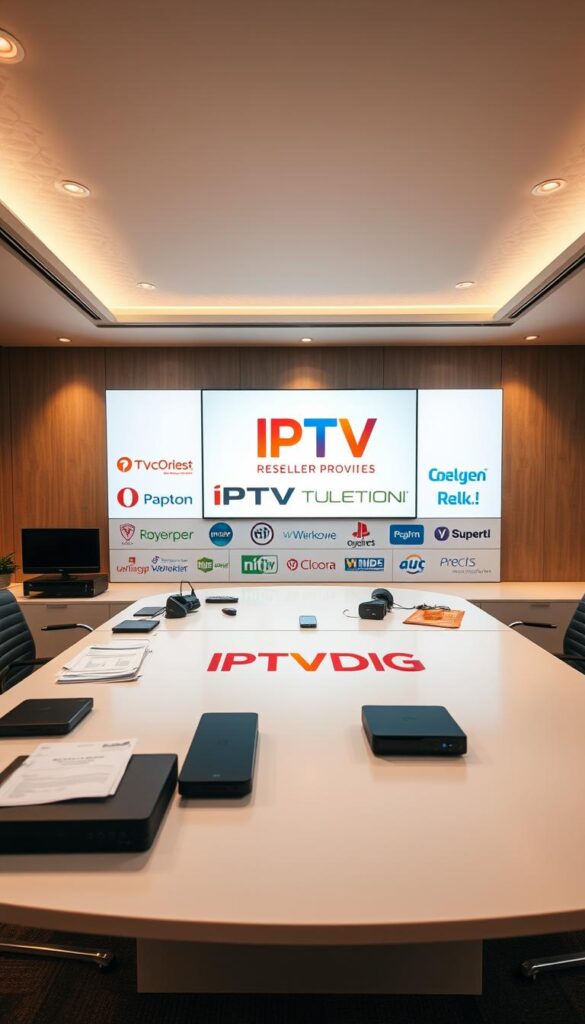 A sleek, modern office setting with a large desk showcasing various IPTV reseller provider logos, including the prominent "IPTVDIGI" brand. On the desk, there are various devices and documents related to IPTV reselling, creating a professional and organized atmosphere. The lighting is warm and slightly muted, creating a sense of focus and productivity. The background features a clean, minimalist design with subtle textures, highlighting the importance of the IPTV reseller products and services on display.