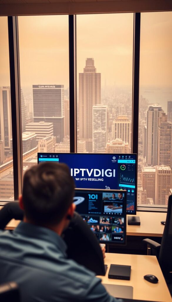 A sleek, modern office setting with a large desktop computer and multiple screens displaying data visualizations and graphs. In the foreground, a person wearing a headset is engaged in a video call, representing the IPTV reselling process. The middle ground showcases the IPTVDIGI brand logo prominently displayed on one of the screens. The background features floor-to-ceiling windows overlooking a bustling city skyline, conveying a sense of professionalism and global connectivity. The lighting is warm and natural, creating a professional and inviting atmosphere. The overall scene suggests the comprehensive nature of IPTV reselling, from technology to customer service.
