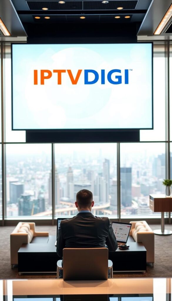 A sleek, modern office setting with a large display screen showcasing the IPTVDIGI logo. In the foreground, a person sitting at a desk, intently studying various IPTV reseller program details on their laptop. The middle ground features elegant furniture and sophisticated lighting, creating a professional, high-tech atmosphere. The background has a panoramic city view, symbolizing the global reach and scale of the IPTVDIGI reseller program. The overall scene conveys a sense of efficiency, reliability, and the potential for success as an IPTV reseller with IPTVDIGI.