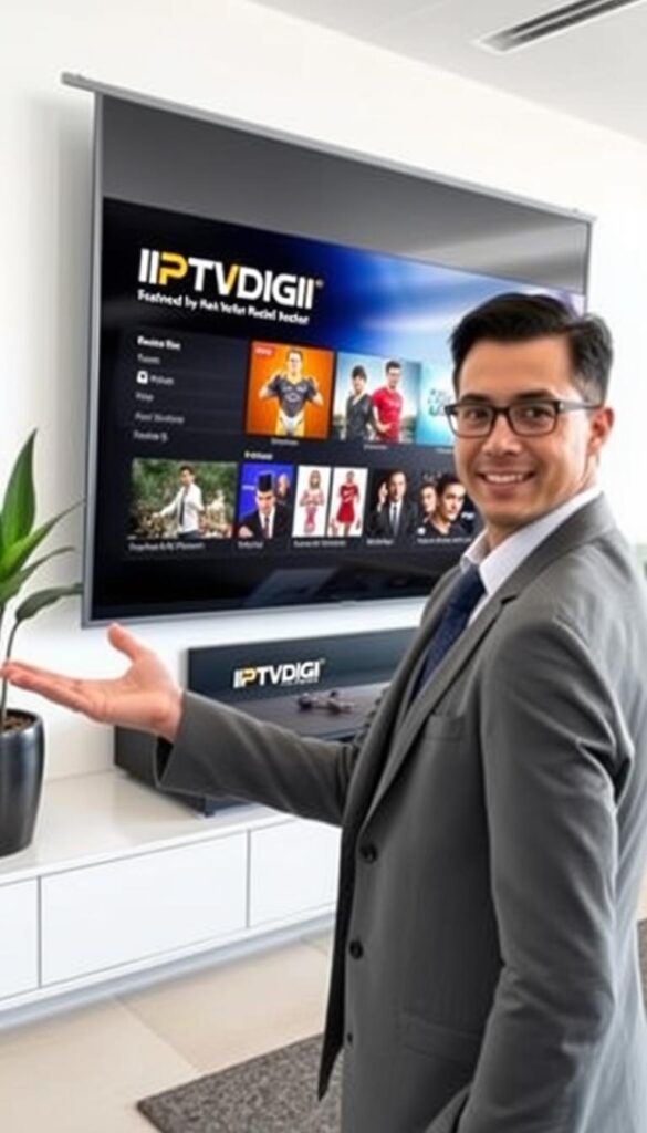 A sleek, modern office setting with a large display showcasing the IPTVDIGI brand and reseller services. The display features crisp, high-definition visuals of popular streaming channels and content, conveying the quality and breadth of the IPTV offering. In the foreground, a professional-looking person, smartly dressed, is gesturing towards the display, highlighting the key features and benefits of becoming an IPTVDIGI reseller. The lighting is bright and natural, creating a sense of professionalism and credibility. The background features minimalist decor and subtle branding, keeping the focus on the IPTV reseller services.
