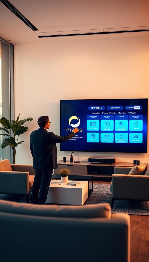 A sleek, modern office setting with a large flat-screen display prominently featuring the IPTVDIGI logo. The display shows a user-friendly interface highlighting IPTVDIGI's IPTV reseller program, showcasing its features and benefits. In the foreground, a professional-looking person, possibly an IPTV reseller, is interacting with the display, gesturing towards the information. The middle ground features minimalist office furniture and decor, creating a sophisticated, high-tech atmosphere. The background is softly blurred, emphasizing the focus on the IPTVDIGI branding and the reseller program details. Warm, directional lighting from the side casts subtle shadows, adding depth and dimension to the scene.