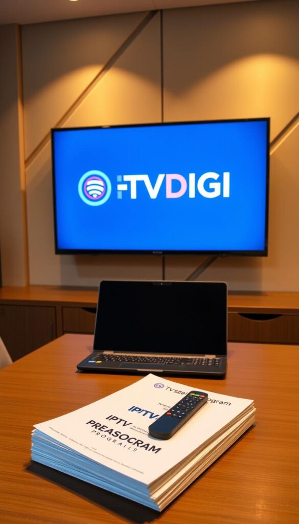 A sleek, modern office setting with a large flat-screen monitor displaying the IPTVDIGI logo. On the desk, a laptop, a stylized IPTV remote control, and a stack of documents labeled "IPTV Reseller Program". The lighting is warm and professional, with a focus on the reseller program materials. The background features a minimalist, geometric wall design in neutral tones, conveying a sense of premium quality and sophistication. The overall scene suggests a successful IPTV resale business, ready to be discovered by potential partners.