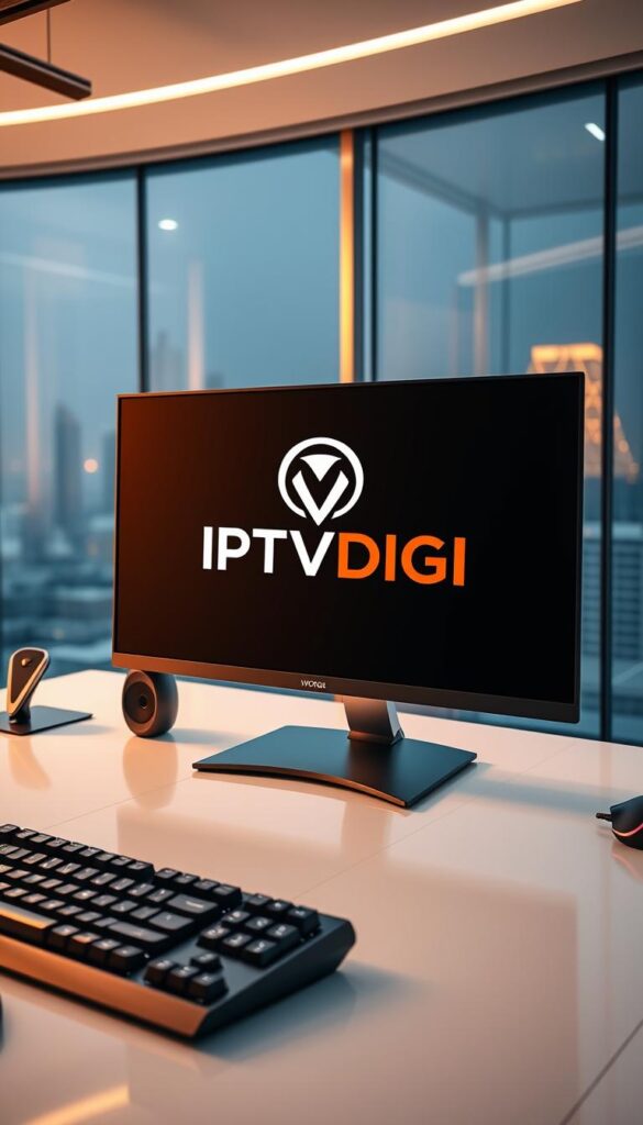 A sleek, modern office setting with a large, flat-screen monitor prominently displaying the IPTVDIGI logo. The monitor is situated on a clean, minimalist desk, surrounded by stylish office accessories and a high-end gaming mouse and keyboard. Soft, directional lighting casts a warm glow on the scene, creating a professional and sophisticated atmosphere. In the background, a blurred cityscape can be seen through a large window, hinting at the global reach and ambition of the IPTVDIGI brand. The overall impression is one of a cutting-edge, technologically advanced IPTV service that offers a premium experience for resellers.