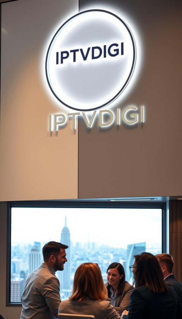 A sleek, modern office setting with a large, illuminated logo for "IPTVDIGI" prominently displayed on the wall. The logo is surrounded by a clean, minimalist design, hinting at the company's expertise in IPTV reseller programs. In the foreground, a group of business professionals are engaged in a collaborative discussion, their expressions conveying a sense of confidence and professionalism. The lighting is soft and warm, creating a welcoming atmosphere. The background features a panoramic view of a bustling city skyline, emphasizing the global reach and scope of the IPTVDIGI reseller program.