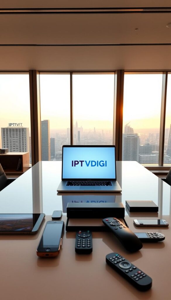 A sleek, modern office setting with a large, minimalist desk showcasing the "IPTVDIGI" logo prominently displayed on a state-of-the-art laptop. In the background, a panoramic window offers a cityscape view, bathed in warm, golden hour lighting. On the desk, various compatible devices such as smartphones, tablets, and remote controls are neatly arranged, highlighting IPTVDIGI's multi-device support capabilities. The overall scene conveys a sense of professionalism, technological innovation, and the seamless integration of IPTVDIGI's services across a range of devices.