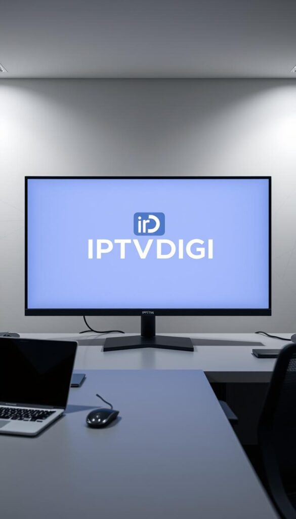 A sleek, modern office setting with a large monitor displaying the IPTVDIGI logo prominently in the center. The monitor is placed on a minimalist, gray desk, surrounded by a tidy workspace with a laptop, mouse, and other tech accessories. The lighting is soft and diffused, creating a professional and inviting atmosphere. In the background, subtle geometric patterns or abstract shapes add visual interest, hinting at the versatility and multi-device support offered by IPTVDIGI. The entire scene conveys a sense of efficiency, reliability, and technological sophistication.