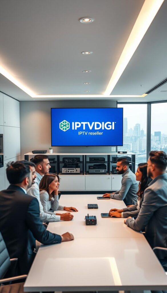 A sleek, modern office setting with a large screen displaying the IPTVDIGI logo prominently. In the foreground, a group of diverse Latino professionals gathered around a conference table, engaged in a lively discussion about IPTV reseller services. Soft, directional lighting creates a warm, professional atmosphere. The middle ground features shelves lined with IPTV hardware and equipment, conveying the technical expertise of the provider. In the background, floor-to-ceiling windows offer a panoramic view of a bustling city skyline, hinting at the global reach and scale of the IPTV reseller business.