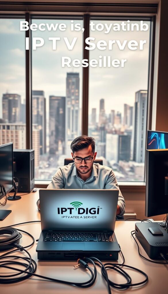 A sleek, modern office setting with a large window overlooking a bustling city skyline. In the foreground, a professional-looking person seated at a desk, intently focused on a laptop displaying the IPTVDIGI logo. Surrounding them, state-of-the-art networking equipment, cables, and monitors, conveying a sense of technological expertise. The lighting is warm and inviting, creating a productive and efficient atmosphere. The overall scene suggests the benefits of becoming an IPTV server reseller - a lucrative, cutting-edge business opportunity in the digital media landscape.