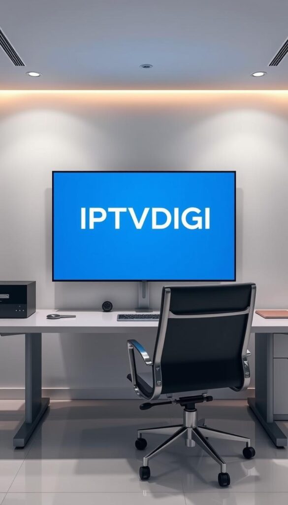 A sleek, modern office setting with a minimalist desk and chair, showcasing a large, high-resolution monitor displaying the IPTVDIGI logo. The monitor is the focal point, surrounded by a clutter-free workspace with subtle lighting and a clean, professional atmosphere. The image conveys a sense of efficiency, affordability, and the availability of the IPTVDIGI IPTV reseller options for budget-conscious startups.