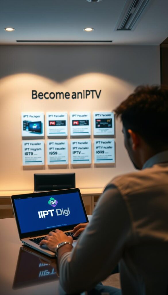 A sleek, modern office setting with a person sitting at a desk, intently focused on a laptop displaying the IPTVDIGI logo. Warm, indirect lighting illuminates the scene, creating a professional and inviting atmosphere. In the background, a minimalist wall display showcases IPTV packages and reseller programs, providing a clear visual representation of the "becoming an IPTV reseller" concept. The overall composition conveys a sense of opportunity, technology, and the potential for success in the IPTV reseller market.