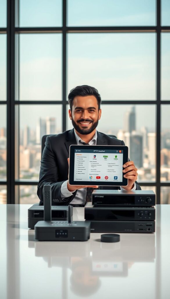 A sleek, modern office setting with large windows, conveying a professional and trustworthy atmosphere. In the foreground, an IPTVDIGI reseller is seated at a desk, confidently presenting a tablet displaying IPTV service features and benefits to a potential customer. The middle ground showcases various IPTV hardware devices, such as set-top boxes and streaming dongles, arranged neatly. The background features a cityscape, symbolizing the global reach and scalability of the IPTV reseller business. The lighting is warm and inviting, creating a sense of professionalism and reliability. The overall composition emphasizes the benefits of becoming an IPTVDIGI reseller, including the ability to provide a valuable service, access to a diverse range of IPTV products, and the potential for financial success.