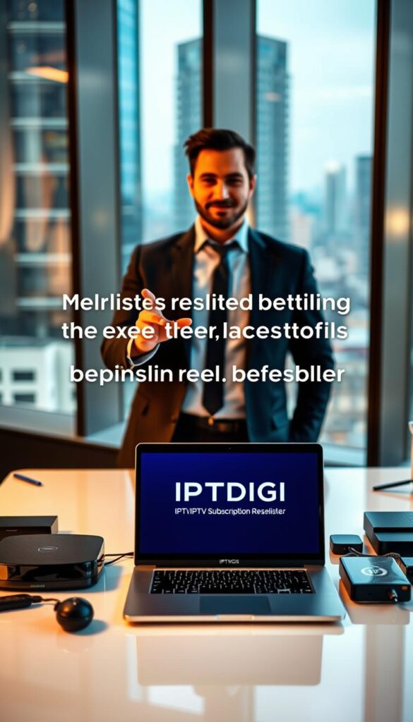 A sleek, modern office setting with large windows overlooking a bustling cityscape. In the foreground, a stylish desk showcases a laptop displaying the IPTVDIGI logo, surrounded by various devices and accessories associated with IPTV reselling. The middle ground features a professional-looking individual, dressed in business attire, gesturing towards the laptop screen, highlighting the benefits of becoming an IPTV subscription reseller. The background is softly blurred, creating a sense of depth and focus on the central elements. The lighting is warm and inviting, creating a productive and aspirational atmosphere.
