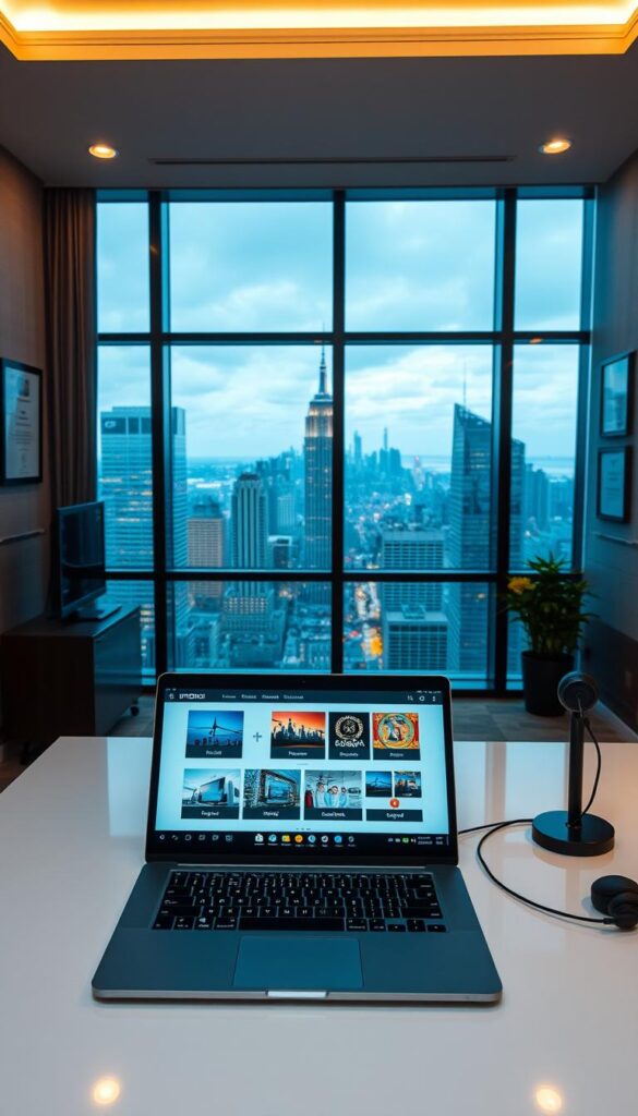 A sleek, modern office setup for an IPTV reseller business, IPTVDIGI. In the foreground, a desk with a high-end laptop, a tablet displaying IPTV channel offerings, and a professional headset for customer support. In the middle ground, floor-to-ceiling windows overlooking a bustling city skyline, providing a dynamic backdrop. The lighting is a warm, ambient glow, creating a professional and productive atmosphere. On the walls, framed certificates and awards showcase the company's expertise and reputation. The overall scene conveys a well-established, successful IPTV reseller business ready to serve its customers.