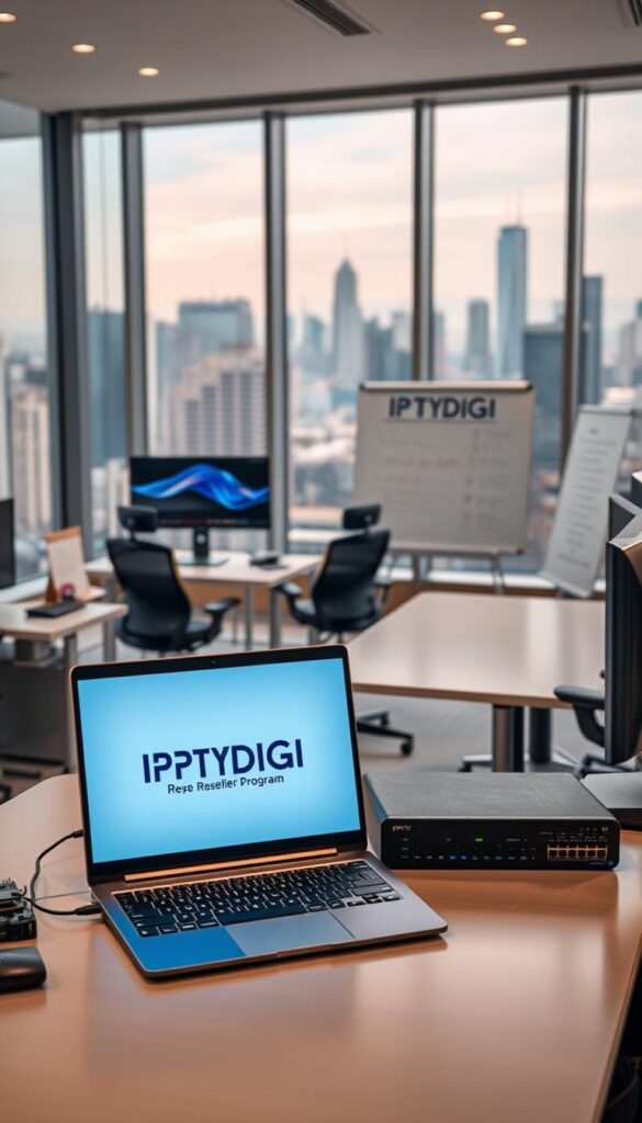 A sleek, modern office setup for an IPTV reseller business. In the foreground, a desk with a state-of-the-art laptop displaying the IPTVDIGI logo, surrounded by professional equipment like a router, network switch, and monitoring screens. In the middle ground, ergonomic office chairs and a whiteboard showcasing IPTV reseller program details. The background features floor-to-ceiling windows overlooking a bustling city skyline, conveying a sense of growth and opportunity. Soft, warm lighting illuminates the space, creating a professional and inviting atmosphere for conducting IPTV reseller operations.