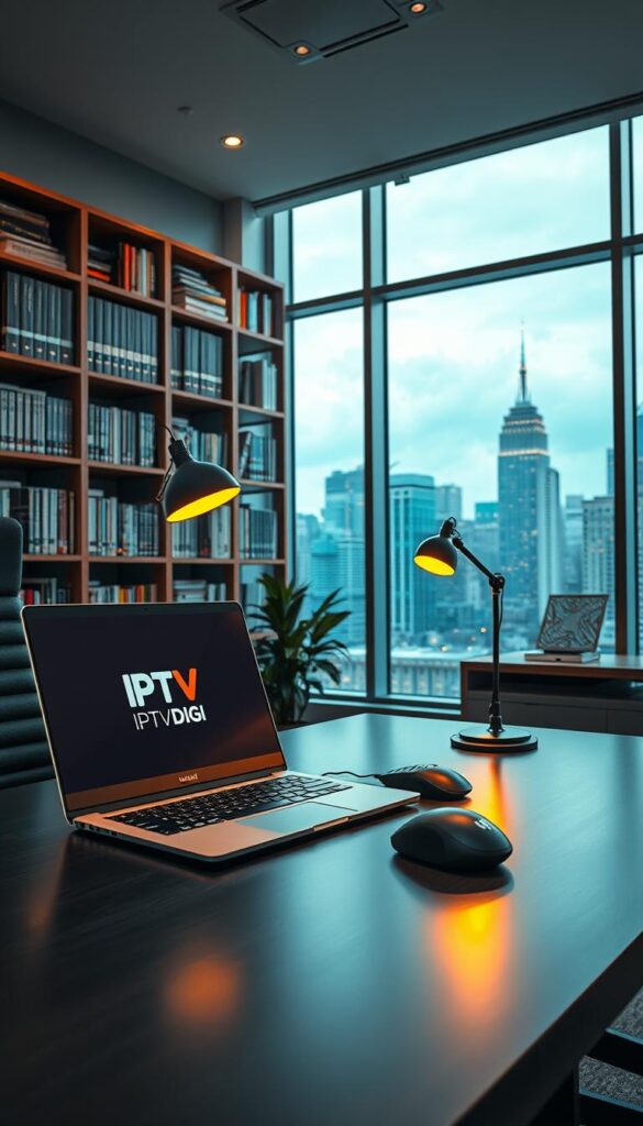 A sleek, modern office setup for an IPTV reseller business. In the foreground, a sophisticated desk with a laptop displaying the IPTVDIGI brand logo, a high-end gaming mouse, and a stylish desk lamp providing warm, focused lighting. In the middle ground, tall bookshelves filled with reference materials and industry-related books, creating an atmosphere of professionalism and expertise. The background features large windows overlooking a bustling city skyline, conveying a sense of growth and opportunity. The overall scene exudes a polished, tech-savvy vibe, reflecting the dynamic nature of the IPTV reseller industry.