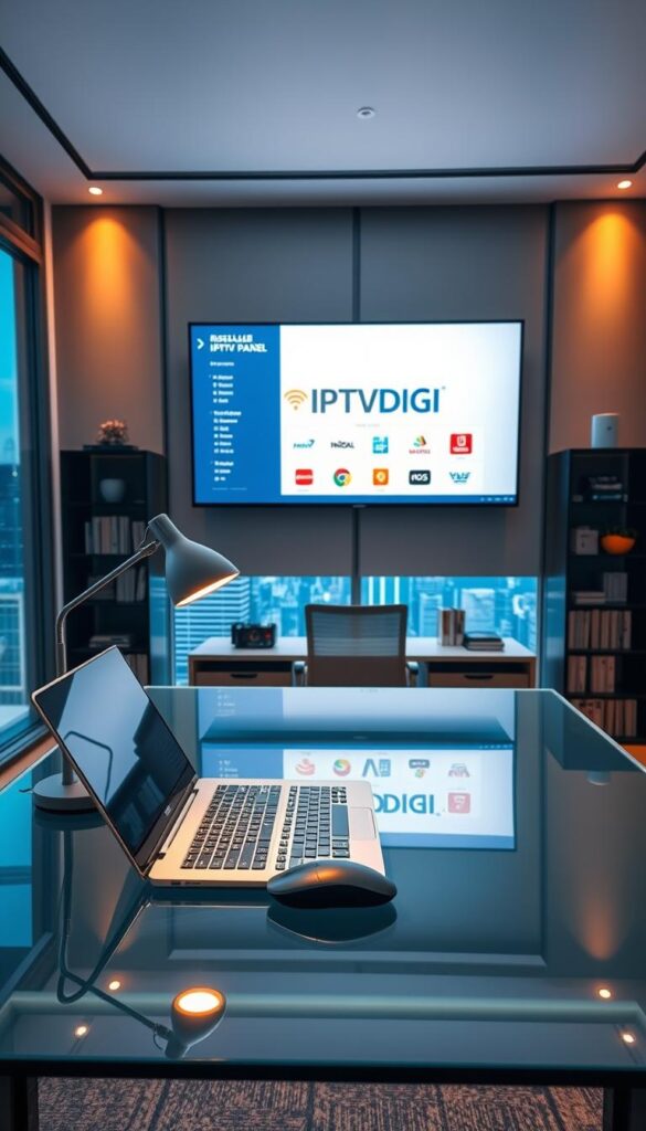 A sleek, modern office setup showcasing the IPTVDIGI IPTV reseller business. In the foreground, a glass desk with a high-end laptop, a stylish desk lamp, and a minimalist mouse and keyboard. On the wall behind, a large LED display showcases the IPTVDIGI brand and reseller panel interface, bathed in warm, soft lighting. In the middle ground, a comfortable office chair and a bookshelf with neatly organized IPTV-related materials. The background features floor-to-ceiling windows overlooking a bustling city skyline, creating a professional and sophisticated atmosphere. The entire scene is captured with a wide-angle lens, emphasizing the clean, elegant design and the attention to detail that defines the IPTVDIGI reseller experience.
