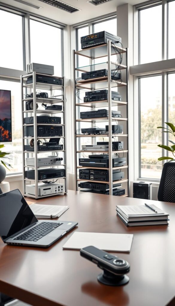 A sleek, modern office setup showcasing the IPTVDIGI reseller business. In the foreground, a sophisticated desk with a stylish laptop, a stack of documents, and a high-end webcam, creating a professional atmosphere. In the middle ground, tall shelves filled with networking equipment, cables, and IPTV-related hardware, conveying the technical aspects of the operation. The background features large windows, allowing natural light to pour in and creating a bright, airy environment. The overall mood is one of efficiency, organization, and a thriving IPTV reseller enterprise.