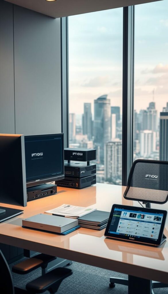 A sleek, modern office setup showcasing the IPTVDIGI reseller business. In the foreground, a professional-grade desktop computer with multiple monitors displays IPTV service management software. Nearby, a neatly organized array of networking equipment, including a router, modem, and switches, all branded with the IPTVDIGI logo. The middle ground features a well-lit desk with a stylish office chair, a stack of documents, and a tablet displaying IPTV channel listings. In the background, a large window overlooking a bustling city skyline, conveying a sense of professionalism and success. Subtle, warm lighting creates a welcoming, productive atmosphere.