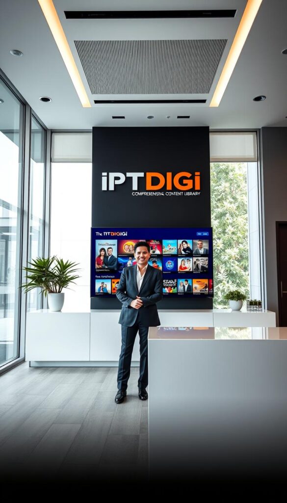 A sleek, modern office space showcasing the IPTVDIGI brand. In the foreground, a stylish Latino customer service representative stands at a counter, dressed in a crisp suit and warm smile, ready to assist. The middle ground features a large, high-resolution display showcasing IPTVDIGI's comprehensive Latino content library, with vibrant, cultural imagery. The background has floor-to-ceiling windows, allowing natural light to flood the space, creating an inviting and professional atmosphere. The lighting is soft and diffused, enhancing the elegant ambiance. The camera angle is slightly elevated, giving a sense of authority and expertise. Overall, the image conveys IPTVDIGI's commitment to providing exceptional Latino-focused IPTV services in a customer-centric, state-of-the-art environment.