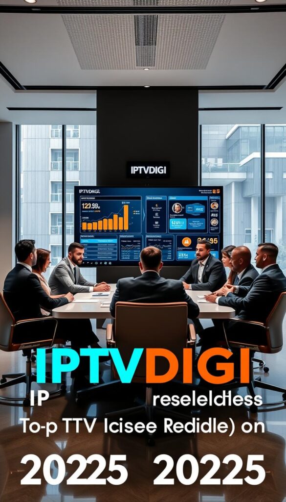 A sleek, modern office space showcasing the IPTVDIGI brand. In the foreground, a team of professional IPTV resellers sit around a stylish conference table, discussing the latest trends and strategies in the industry. The resellers are dressed in business attire, exuding an air of confidence and expertise. In the middle ground, a large display screen shows real-time analytics and customer data, highlighting IPTVDIGI's technological prowess. The background features floor-to-ceiling windows, allowing natural light to flood the room and create a bright, airy atmosphere. The overall scene conveys a sense of authority, innovation, and trust - qualities that define the top IPTV resellers on Reddit in 2025.