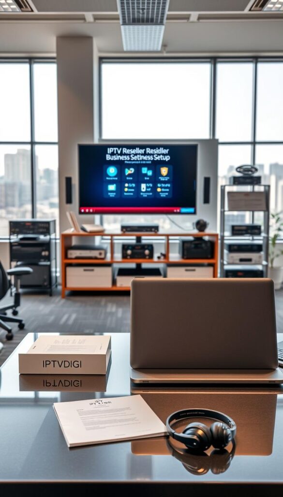 A sleek, modern office space showcasing the IPTVDIGI brand. In the foreground, a well-appointed desk with a stylish laptop, a stack of documents, and a professional-looking headset. On the desk, a minimalist nameplate displays the "IPTVDIGI" logo. The middle ground features a large monitor displaying a presentation on IPTV reseller business setup, surrounded by shelves of networking equipment and reference materials. The background is filled with large windows, allowing natural light to pour in and create a bright, airy atmosphere. The overall scene conveys a sense of professionalism, innovation, and the resources necessary to successfully establish an IPTV reseller business.