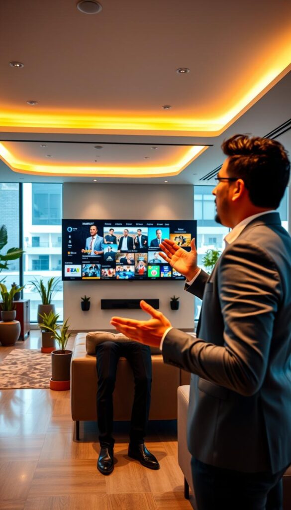 A sleek, modern office space showcasing the IPTVDIGI brand. In the foreground, a well-dressed Latino man, likely a sales representative, gestures animatedly while discussing IPTV services with a potential client. The middle ground features a large, curved display screen showcasing vibrant Latino entertainment content. The background is filled with stylish furniture, potted plants, and warm, directional lighting, creating an inviting and professional atmosphere. The overall scene conveys the growing demand for high-quality, regionally-tailored IPTV services catering to the thriving Latino market.