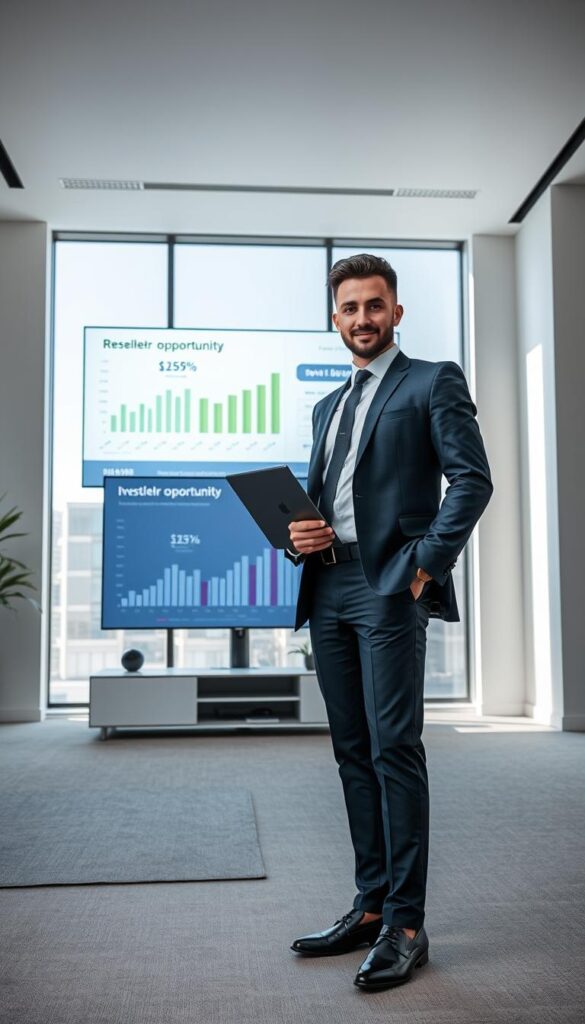 A sleek, modern office space showcasing the IPTVDIGI brand. In the foreground, a well-dressed business professional stands confidently, laptop in hand, representing the reseller opportunity. The middle ground features a presentation screen displaying financial graphs and statistics, highlighting the investment potential. The background depicts a minimalist, yet sophisticated environment with large windows, allowing natural light to flood the scene, conveying a sense of growth and prosperity. The lighting is soft and directional, creating depth and emphasizing the key elements. The overall atmosphere exudes professionalism, innovation, and the promising future of the IPTV reseller market.