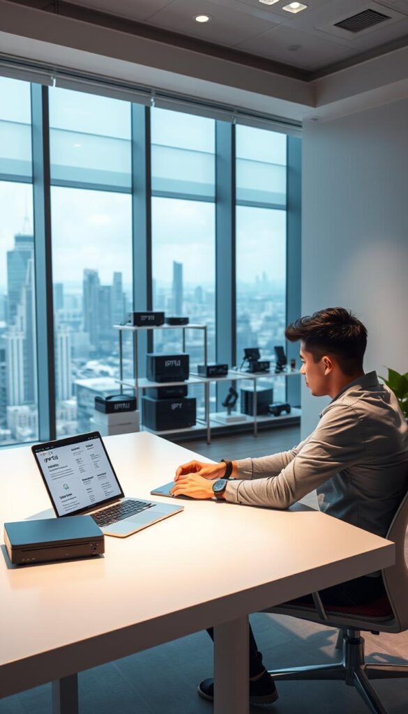 A sleek, modern office space showcasing the IPTVDIGI brand. In the foreground, a young entrepreneur sitting at a minimalist desk, intently studying a laptop screen displaying IPTV reseller plans and pricing. Soft, directional lighting illuminates the scene, casting subtle shadows and highlighting the sophisticated, low-cost setup. In the middle ground, shelves displaying IPTVDIGI branded hardware and promotional materials, conveying the turnkey nature of the reseller opportunity. The background features large windows overlooking a bustling city skyline, symbolizing the potential for growth and expansion in this low-investment business venture.