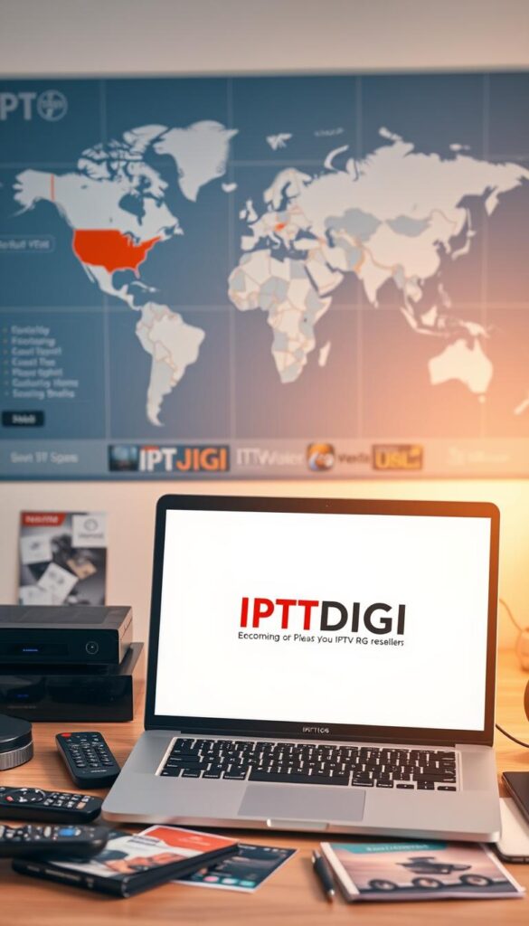 A sleek, modern office workspace with a laptop displaying the IPTVDIGI logo, surrounded by various IPTV-related accessories such as remote controls, streaming devices, and promotional materials. The lighting is warm and inviting, creating a professional yet approachable atmosphere. In the background, a large world map or chart showcasing the global reach and potential of the IPTV reseller opportunity. The composition emphasizes the lucrative and thriving nature of the IPTV industry, enticing the viewer to explore the possibilities of becoming an IPTVDIGI reseller.