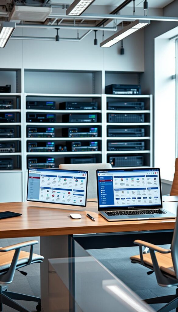 A sleek, modern office workspace with a large desk displaying multiple IPTV reseller panel interfaces side-by-side. On the desk, a laptop showcases the IPTVDIGI reseller panel, providing a clear comparison of features, pricing, and user experience across leading IPTV reseller platforms. The workspace is well-lit with a mixture of natural and artificial lighting, creating a professional and analytical atmosphere. In the background, shelves display networking equipment, underscoring the technical nature of the IPTV reseller business. The overall scene conveys a sense of research, evaluation, and decision-making around selecting the optimal IPTV reseller solution.